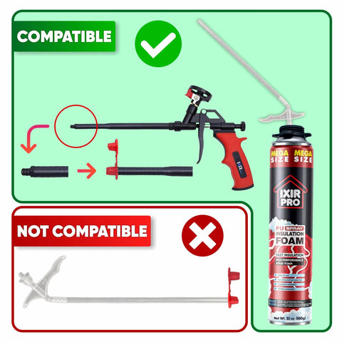 Mega Size Expanding Foam Insulation Sealant Spray Easy Fix Gap Filler displayed with compatible and non-compatible tools.