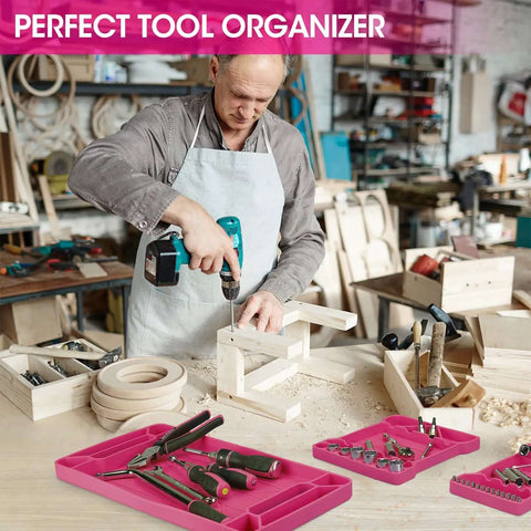 Flexible Silicone Tool Tray 3 Pack For Mechanics And Your Home Shop, Heat And Chemical Resistant Tool Organizer In Pink on workbench