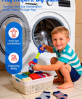 Child using Blue Robot Arm Claw Grabber Toy For Kids 15.7 Inch Flexible Pickup Tool Hands On Interactive Mechanical Hand Claw Perfect For Playroom Role Play Cleanup Crew Missions And Imaginative Adventures to pick up socks next to laundry basket.