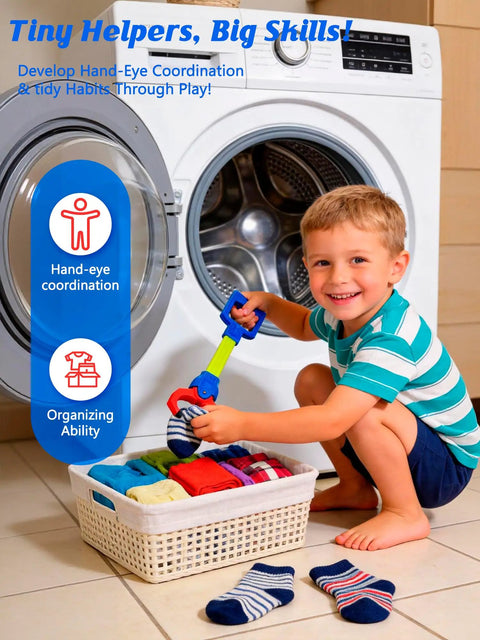 Child using Blue Robot Arm Claw Grabber Toy For Kids 15.7 Inch Flexible Pickup Tool Hands On Interactive Mechanical Hand Claw Perfect For Playroom Role Play Cleanup Crew Missions And Imaginative Adventures to pick up socks next to laundry basket.