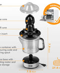 Lebenlang Electric Orange Juicer With Two Cones Bpa-Free High Yield Citrus Squeezer Press For Lemons Limes 24Oz shown with large and small cones.