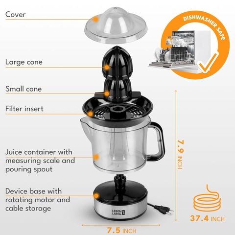Lebenlang Electric Orange Juicer With Two Cones Bpa-Free High Yield Citrus Squeezer Press For Lemons Limes 24Oz shown with large and small cones.