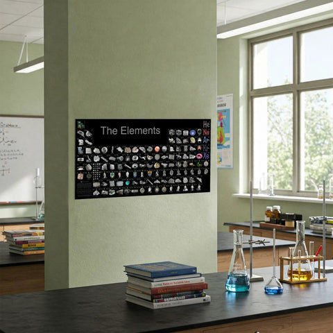 Periodic Table Of Elements Photo Poster 40x20 Inches Laminated For Classroom Dorm And Lab Walls With Ultra High Definition Photos Of Every Stable Element Chemistry Teacher Favorite Reference Wall Chart For Science Nerds displayed in a classroom setting