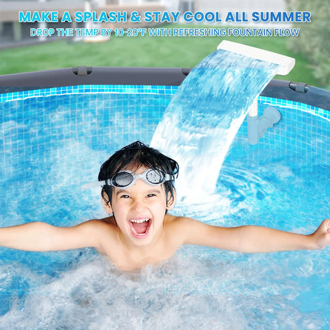 Child playing in a pool with Dual Spray Waterfall Pool Fountain for Above Ground and In Ground Pools, Adjustable Water Flow for Spa Like Relaxation.
