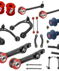 Complete Front Rear Upper Lower 20 Piece Suspension Control Arm Kit With Heavy Duty Bushings Heat Treated Ball Joints Dodge Charger Rwd Busted Suspension Fix 2005 Through 2010 parts displayed with red bushings and black arms.