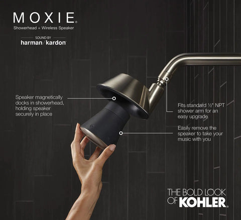 Moxie Showerhead With Waterproof Bluetooth Speaker 1.75 GPM Brushed Nickel Dope Harman Kardon Quality Audio In Shower While You Stream Your Jams Hands Free