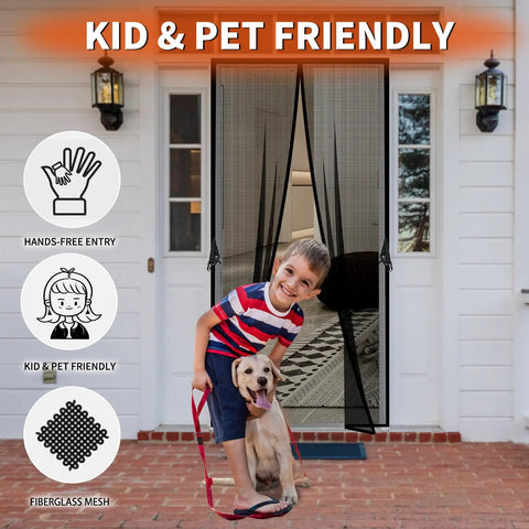 Heavy Duty Fiberglass Magnetic Screen Mesh Door For 38 By 82 Inch Doors Fits 40 By 84 In Interior Patio And Sliding Doors Magnetic Closure Lets Fresh Air In installed with kid and dog passing through