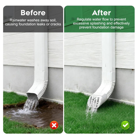 Comparison of Heavy Duty Gutter Downspout Extension And Type A Diverter Kit Featuring Removable Leaf Guard with water flow regulation.