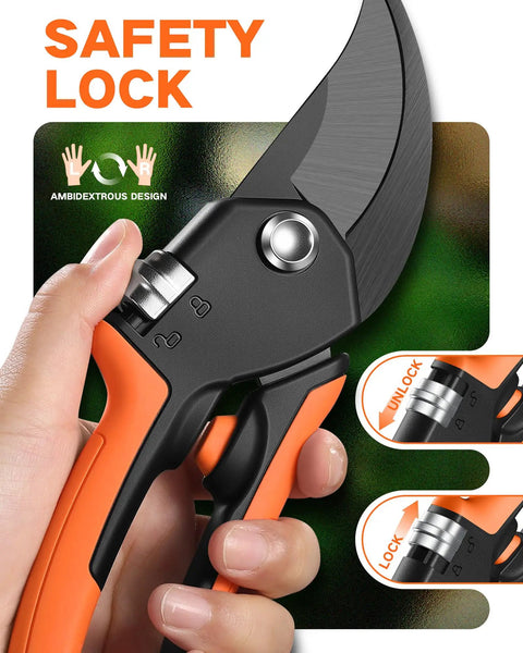 Hand holding Eight Point Five Inch Stepless Handle Pruning Shears Bypass Garden Clipper for heavy duty plant pruning with safety lock