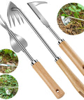 3 Pack Pro Grade Stainless Steel Weed Puller Tools Set With L Shaped Crack Sickle And V Shaped Uprooting Hand Weeder Plus 4 Tooth Weeding Tool For Paving Brick Moss Removal And Driveway Weeding In The Garden, showing tools and usage examples