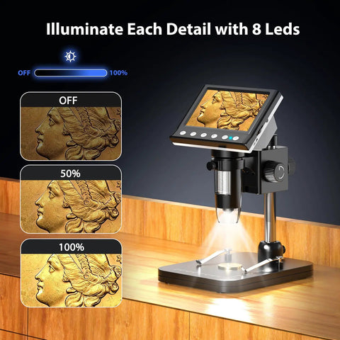 4.3 Inch IPS Digital Microscope 1000X With Built In Lights For Coin Collectors And DIY Lab Projects Crystal Clear Images On A Bright Screen Easy USB Viewing, 8 LED coin detail lighting