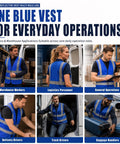 Heavy Duty High Visibility Safety Vest In Vivid Blue Featuring Continuous Reflective Banding Cut From Ultra Breathable Mesh For Hard Hats Trail Blazers And Night Runners worn by workers in various roles.