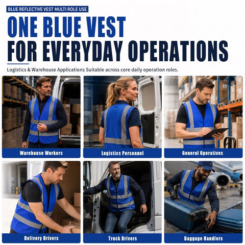 Heavy Duty High Visibility Safety Vest In Vivid Blue Featuring Continuous Reflective Banding Cut From Ultra Breathable Mesh For Hard Hats Trail Blazers And Night Runners worn by workers in various roles.