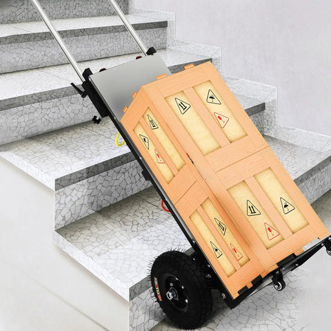 Sturdy Electric Stair Climbing Cart With Heavy Duty Handle For Moving Furniture And Appliances Fast Folding Design on stairs with wooden crate.