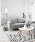 Sleek Gray Etagere Floor Lamp With Linen Shade And Built-In Shelves in modern living room, showcasing chic storage and lighting.