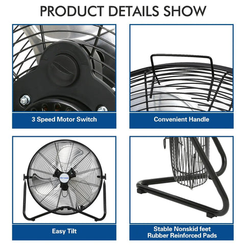 Two Pack 20 Inch High Velocity Floor Fans With Three Speeds 4600 CFM 4100 CFM 3900 CFM Heavy Duty Metal Workhorse features and design