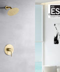 Dope Brushed Gold Shower Faucet Set With Anti Scald Pressure Balance Valve And 8 Inch Rain Shower Head on bathroom wall