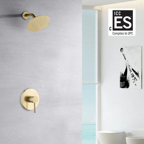 Dope Brushed Gold Shower Faucet Set With Anti Scald Pressure Balance Valve And 8 Inch Rain Shower Head on bathroom wall