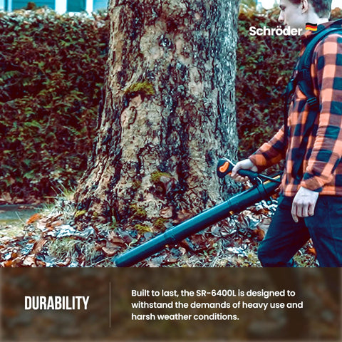 Man using Gas Backpack Leaf Blower Delivers 3.7 HP Power From 63.3cc Engine With Up To 230 MPH Airspeed And 920 CFM For Quick Wet And Dry Debris Cleanup, Ultra Light At 19.5 Pounds, SR 6400L Backpack Blower Pro Ready to clear leaves around a tree.