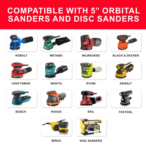 600 Grit Pro Grade 5 Inch Sanding Discs compatible with 5" orbital sanders and disc sanders from various brands.