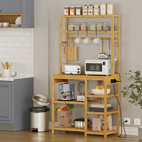Bakers Rack With Power Outlets And Eight Tier Microwave Stand Bamboo Kitchen Storage Shelf With Ten S Shaped Hooks Coffee Bar Table Station Standing Rack 65 Inches Tall 31.5 By 15.7 Inches displaying kitchen items and appliances