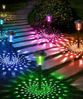 Color Changing Solar Pathway Lights 8 Pack Outdoor Dual Mode Warm White And Colorful LED Garden Path Lights illuminating a walkway.