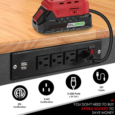 Power outlets and USB ports on 48 Inch Adjustable Workbench With Power Outlet, Heavy Duty 2000 Lb Load Capacity, Hardwood Top.