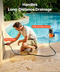 Man using Rock Solid Submersible Water Pump 1 Horsepower 4300 Gallons Per Hour near pool for drainage.