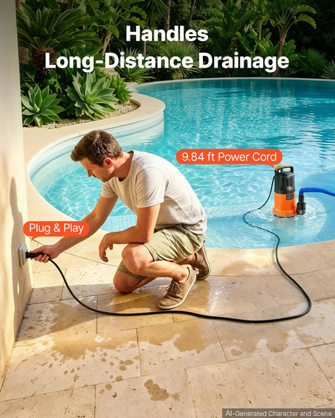 Man using Rock Solid Submersible Water Pump 1 Horsepower 4300 Gallons Per Hour near pool for drainage.