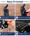 Step-by-step installation of Heavy Duty Roof Rack Shovel Mount Bracket Kit with metal rubber clamps on wooden board.