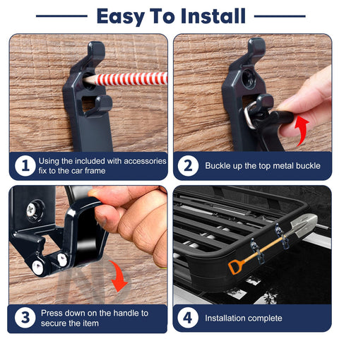 Step-by-step installation of Heavy Duty Roof Rack Shovel Mount Bracket Kit with metal rubber clamps on wooden board.