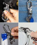 Heavy Duty Metal Keychain Set With Carabiner Clip, Bottle Opener And Three Key Rings in use and attached to jeans