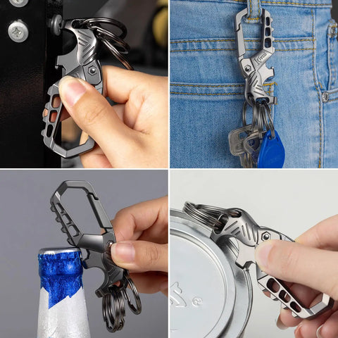 Heavy Duty Metal Keychain Set With Carabiner Clip, Bottle Opener And Three Key Rings in use and attached to jeans