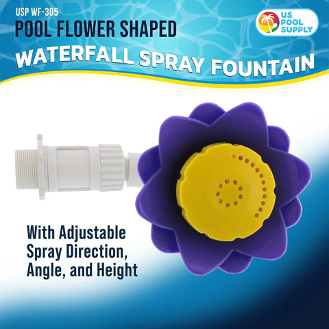 Flower Shaped Waterfall Pool Fountain With Adjustable Spray Distance And Height for pools and ponds, purple and yellow close-up.