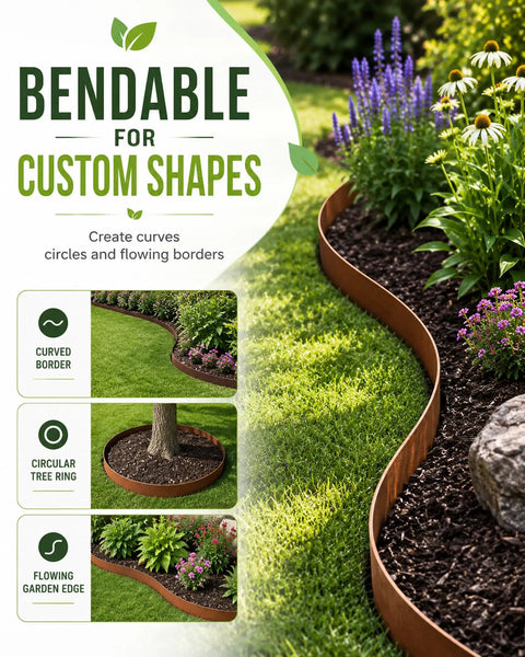 Pre Rusted Cor Ten Steel Landscape Edging Kit with 4.5 Inch Low Profile Border, curved around flower bed and tree ring.