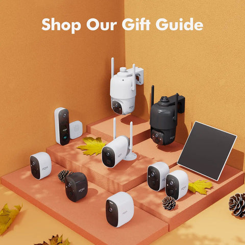 Various solar powered outdoor security cameras with 2.5K color night vision displayed on stairs, featuring wireless WiFi and solar panel