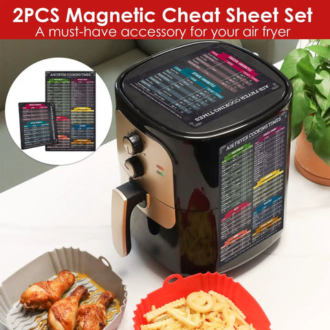 Square Red Silicone Air Fryer Liners 8 Inch Fits 4 To 6 Qt Reusable Nonstick Heat Resistant Up To 464F Dishwasher Safe Easy Cleanup Air Fryer Accessories with magnetic cheat sheets on a black air fryer.