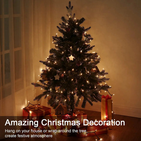 Clear Christmas Lights String With Brown Wire 21 Feet Long 100 Incandescent Bulbs Warm White Glow on a decorated tree indoors