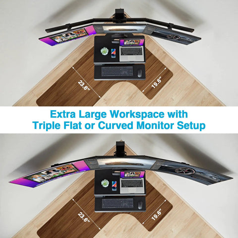 Avlt Electric Standing Desk Converter Fits Triple 32 Inch Monitors view from above showing large workspace with keyboard and monitors.