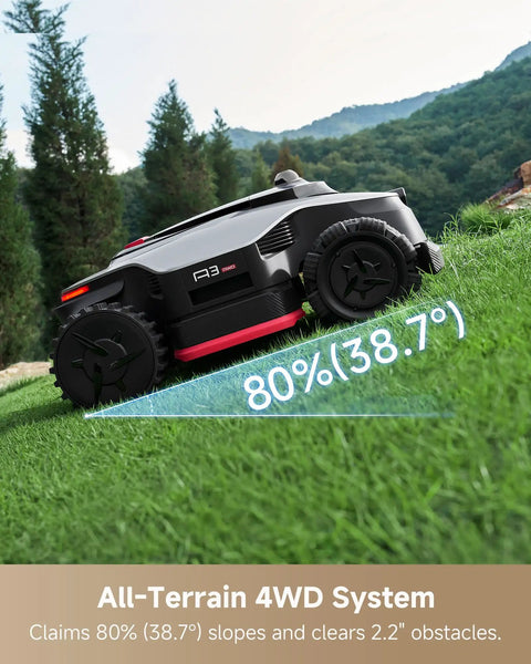 LiDAR 2500 Robotic Lawn Mower With Pro AI Vision True 4WD Traction on 39-degree slope, showing all-terrain capability.