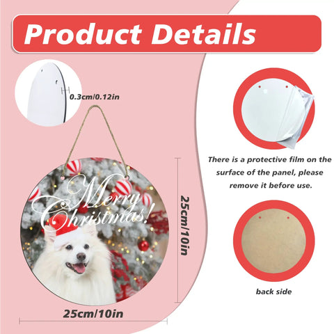 Six Round Sublimation Door Hanger Blanks For DIY Wall Decor with Merry Christmas design, MDF circles, rope, and protective film.