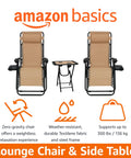 Outdoor Zero Gravity Lounge Chairs Set With Cup Holders And Side Table, Adjustable Reclining Headrest Pillow, Weatherproof Textilene Beige 2 Pack shown with Amazon Basics branding.