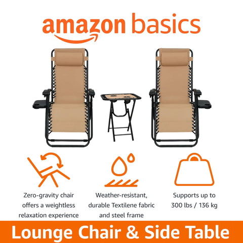 Outdoor Zero Gravity Lounge Chairs Set With Cup Holders And Side Table, Adjustable Reclining Headrest Pillow, Weatherproof Textilene Beige 2 Pack shown with Amazon Basics branding.