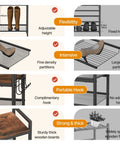 Details of Five Tier Shoe Rack With Hooks, Adjustable Mesh Shelves, showing flexibility, intensive partitions, portable hook, sturdy boards.