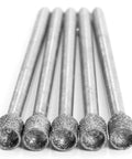 Close-up of Five Piece Diamond Burrs Set For Rotary Tools With 4mm Cylinder Head And 2.35mm Shank Pro Grade Gemstone Coated File Tip Bits