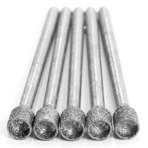 Close-up of Five Piece Diamond Burrs Set For Rotary Tools With 4mm Cylinder Head And 2.35mm Shank Pro Grade Gemstone Coated File Tip Bits