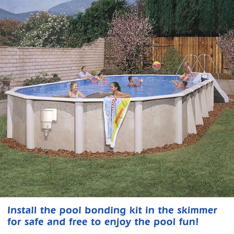 People swimming in above-ground pool equipped with No-Fuss BWB680AG Pool Bonding Kit For Skimmers, ensuring safety and NEC 680.26 compliance.