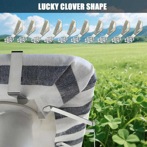 Heavy Duty Tablecloth Clips For Outdoor Tables 10 Pack Windproof Stainless Steel Clips Clamp Set Keeps Tablecloth Flat And Secure At Picnics Parties Weddings Camping Home And Restaurant Use shown on a striped tablecloth.
