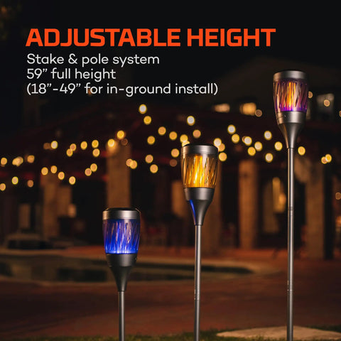 Outdoor Solar Torch Zapper Bug Light With Warm Tiki Torch Ambience Solar Powered and Rechargeable Battery Keeps Mosquitoes Flies and Gnats Away Three Light Modes For All Night Yard Vibes set at different heights with warm and blue glow