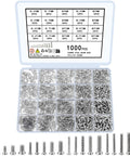 Rock Solid 1000 Piece Mini Screw Assortment Kit M1.6 To M3 Heavy Duty Carbon Steel Fasteners in organized storage box, various sizes.